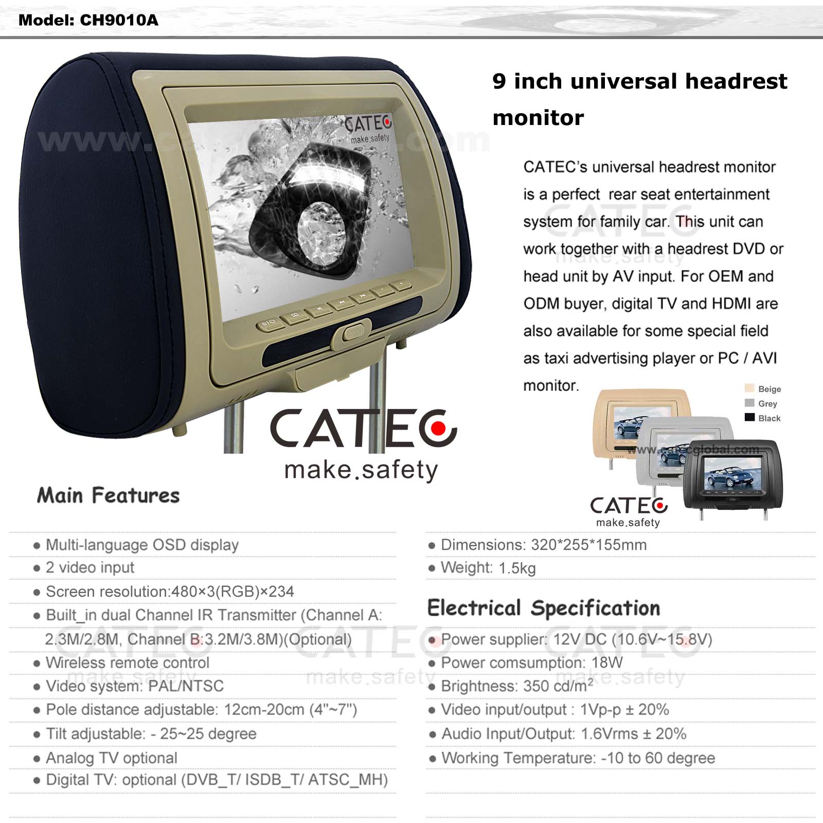 FEATURES OF 9 INCH CAR HEADREST HD MONITORS CH9010A